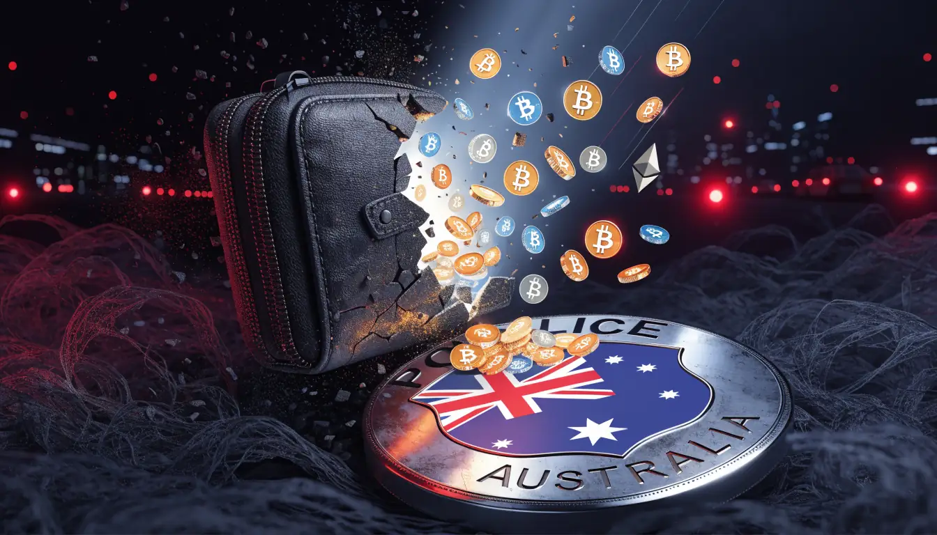 Cryptocurrency symbols spilling onto Australian badge